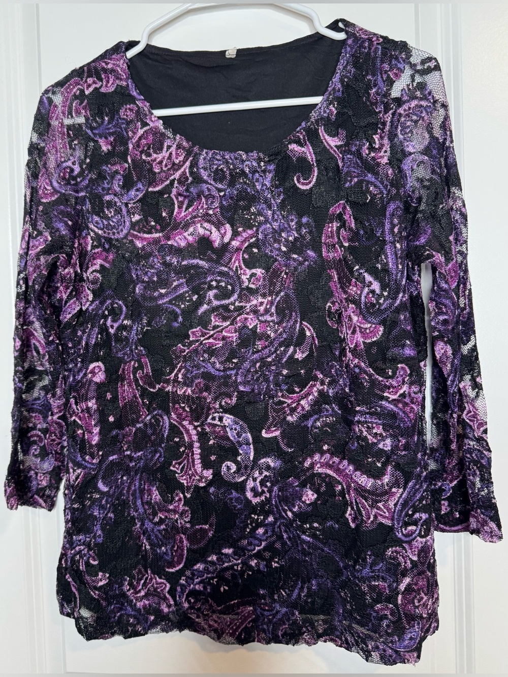 Black and Purple Paisley Lace Overlay blouse stretch size medium